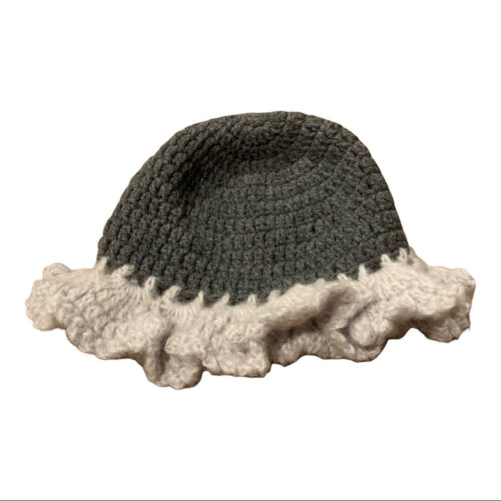 Gray Knitted Hat Cap Beanie Ruffle
